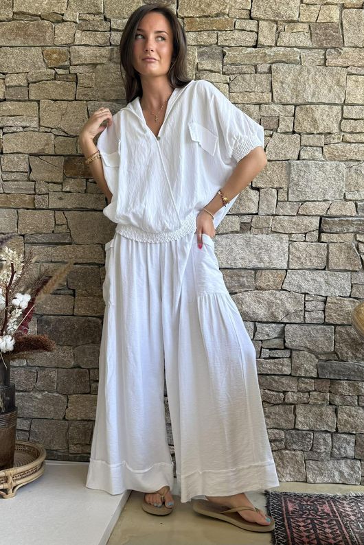 Basso Button Drape Cap Sleeve Shirt White